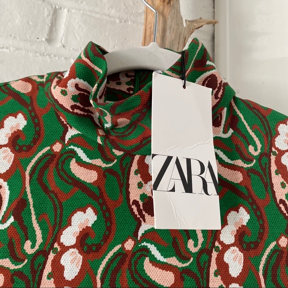 π ZARA GREEN ABSTRACT PRINT FLORAL MOCK NECK SLIT MAXI DRESS! - Picture 8 of 12